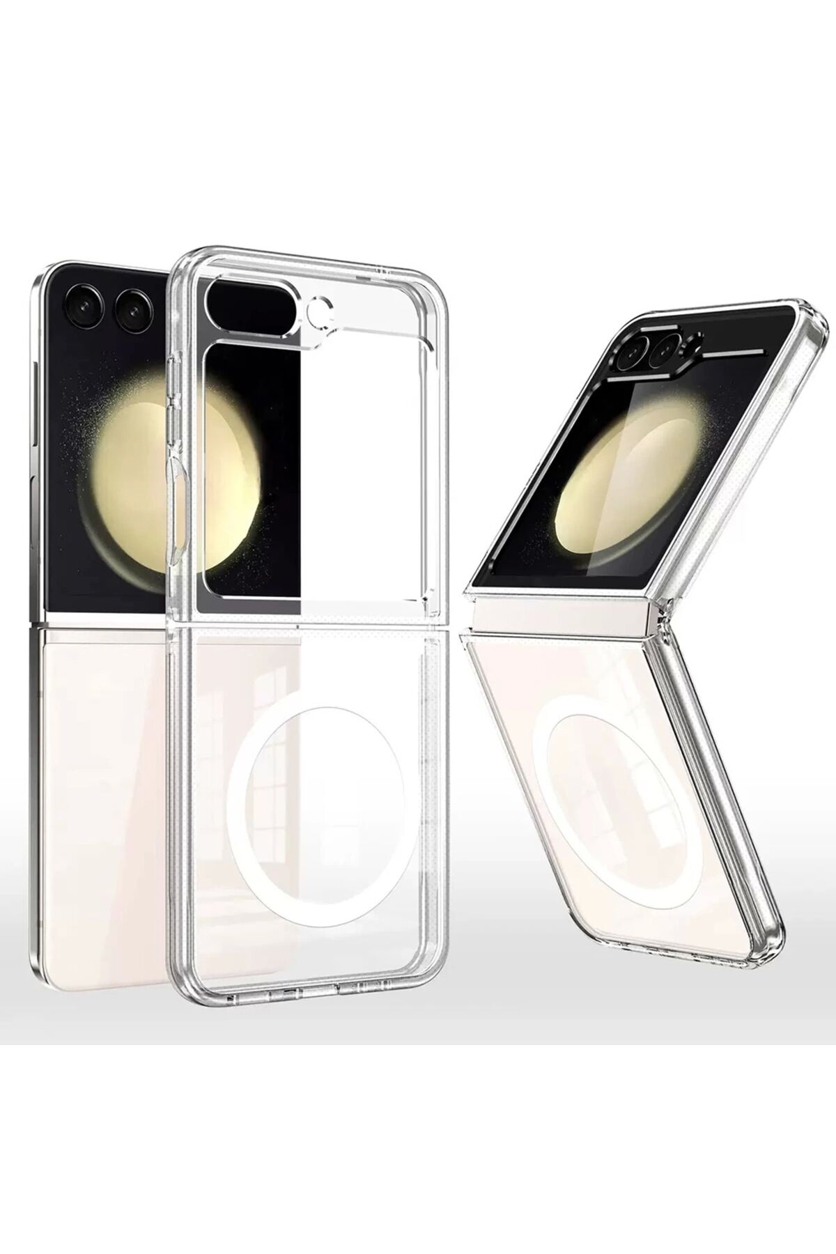 Galaxy Z Flip 7 Kılıf M-safe Şarj Özellikli Şeffaf Sert PC Embos Kapak Beyaz