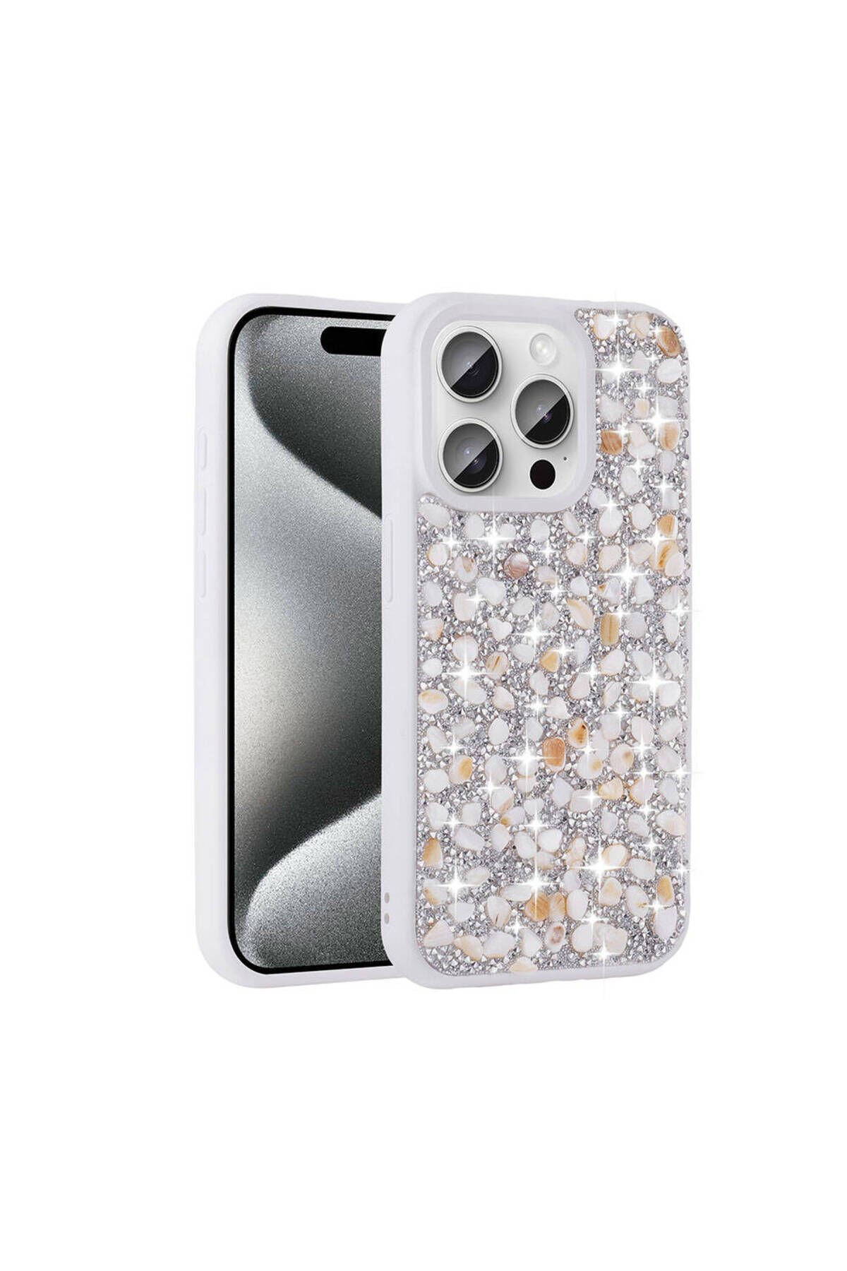 iPhone 15 Pro Uyumlu Parlak Taşlı Tasarım BSAY Linea Kılıf-Beyaz Beyaz