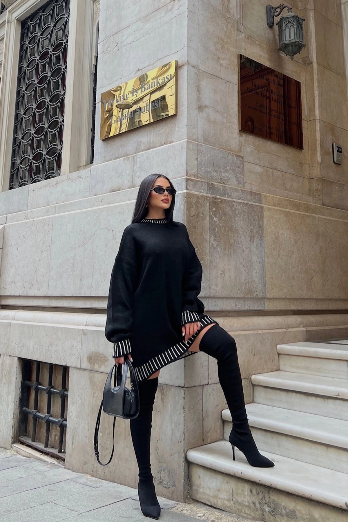 Uzun Çoban Dikişli Triko Kazak Siyah - STD