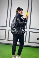 Siyah Parlak Mont/Yağmurluk Siyah - L