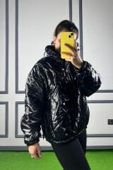 Siyah Parlak Mont/Yağmurluk Siyah - L