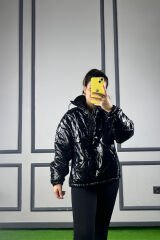 Siyah Parlak Mont/Yağmurluk Siyah - L