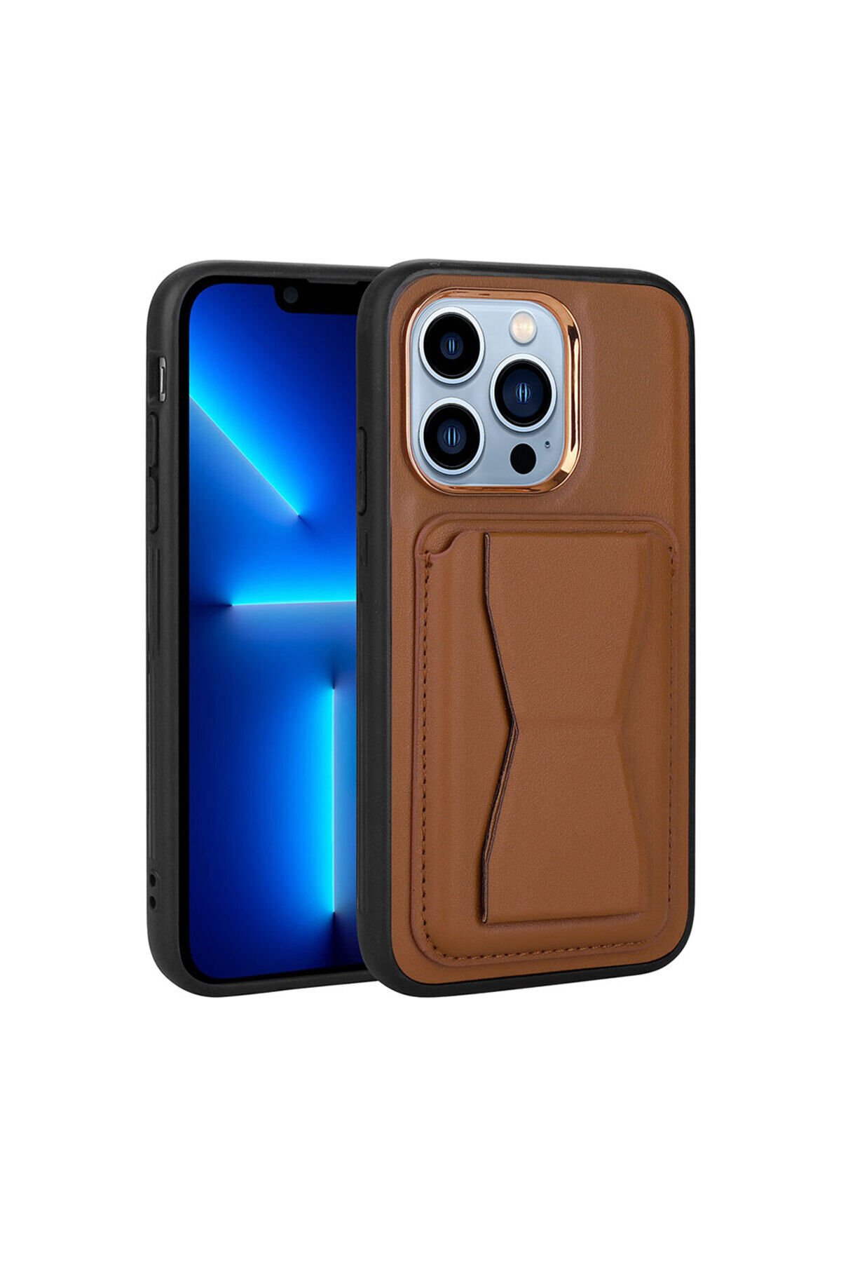 iPhone 12 Pro Max Uyumlu Kartlıklı Standlı Pu Deri BSAY Memo Kılıf-Kahve Açık Kahverengi