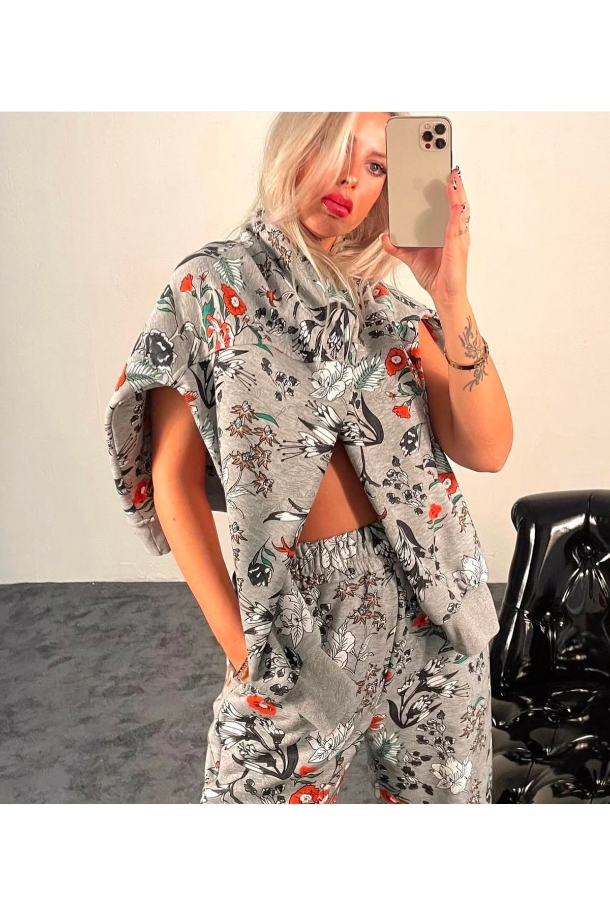 Çiçek Desenli Eşofman Takım Gri - M