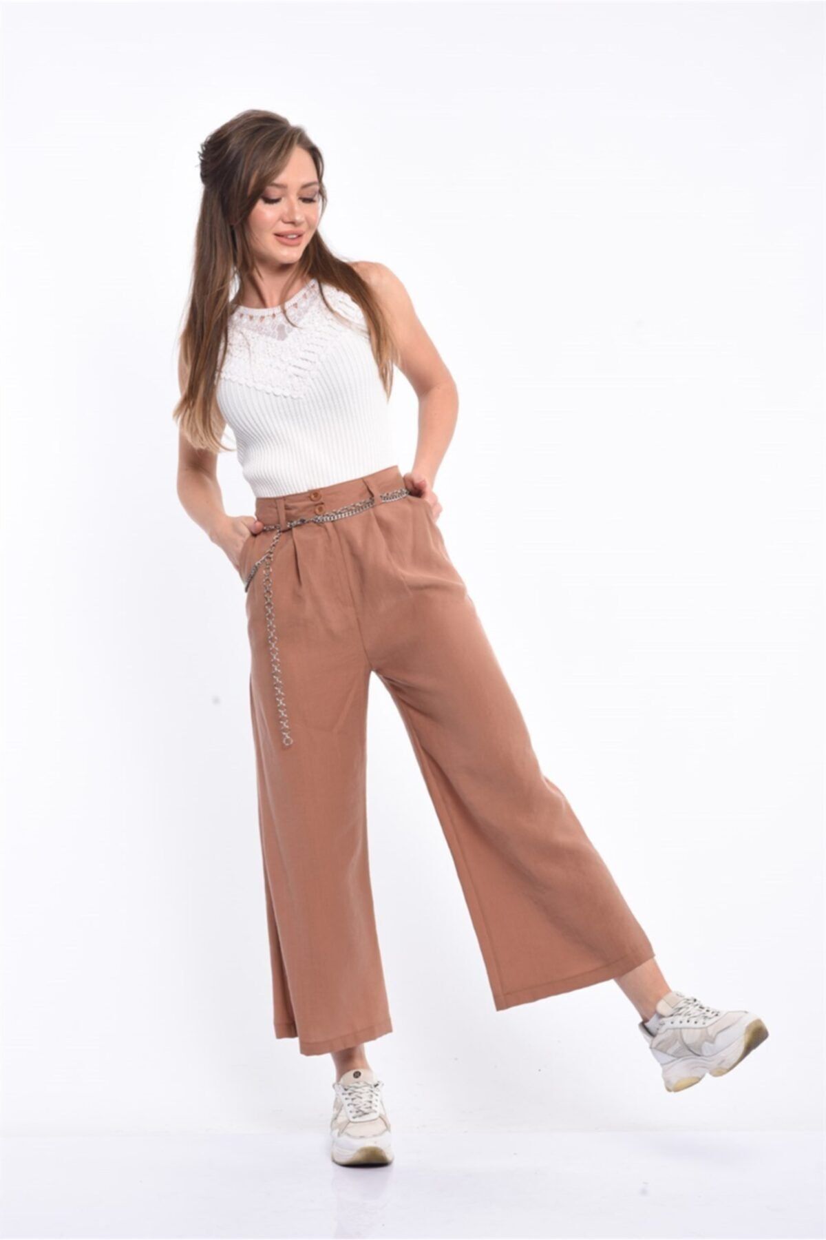 Vizon Renk Bol Paçalı Yüksek Bel Pantolon