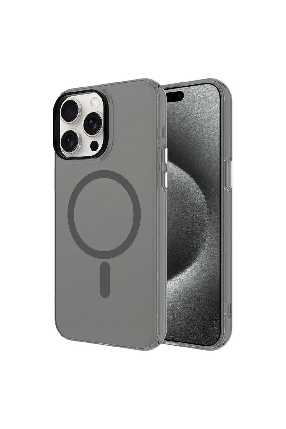 iPhone 15 Pro Max Uyumlu ZPRB Magsafe Şarj Özellikli Buzlu Transparan C-Pro Sert Kılıf-Koyu Gr Koyu Gri
