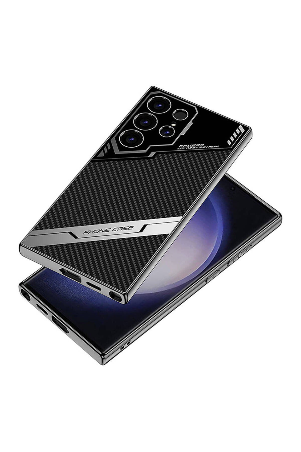 Galaxy S23 Ultra Kılıf Kamera Korumalı Karbon Tasarım ZPRB Yeni Seri Procase Kapak-Siyah Karbon Siyah Karbon