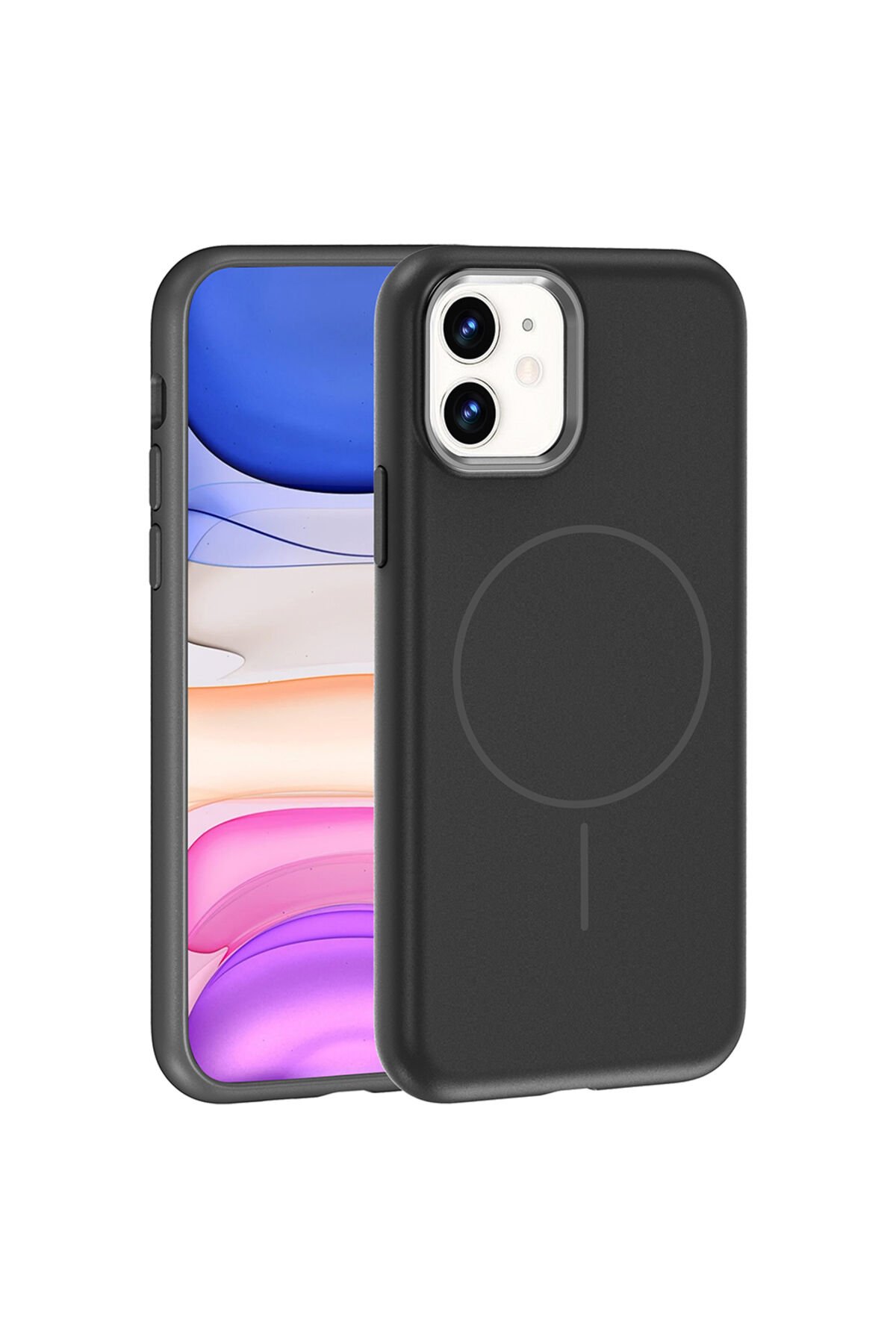 iPhone 11 Kılıf M-Safe Şarj Özellikli Metal Kamera Çerçeveli BSAY Edi Silikon Kapak - Siyah
