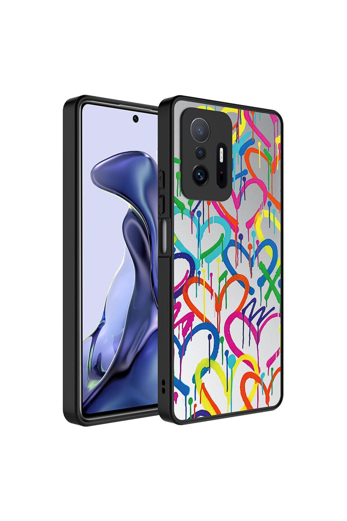 Mi 11T 5G Kılıf Aynalı Desenli Kamera Korumalı Parlak BSAY Mirror Kapak - Kalp Kalp