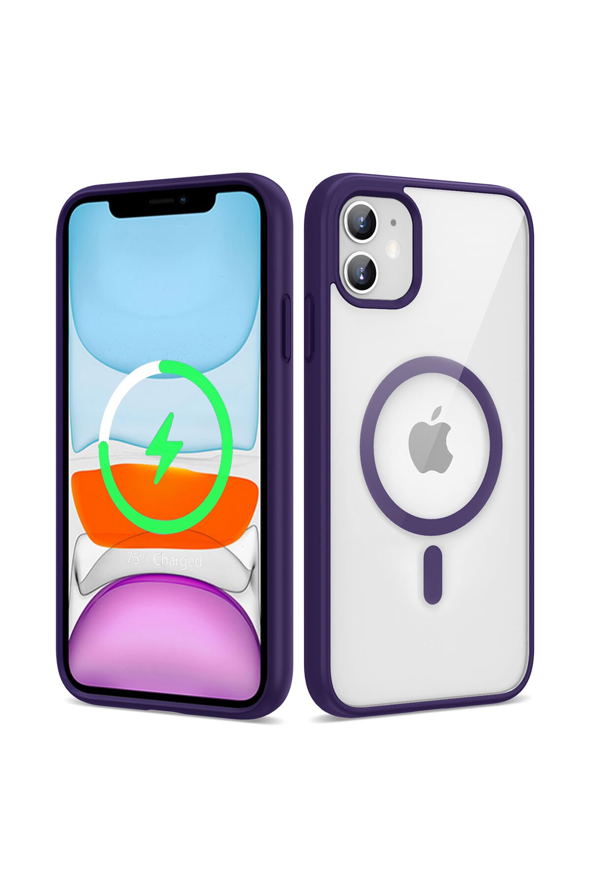 iPhone 12 Uyumlu Magsafe Wireless Şarj Özellikli Silikon BSAY Ege Kılıf-Siyah Derin Mor
