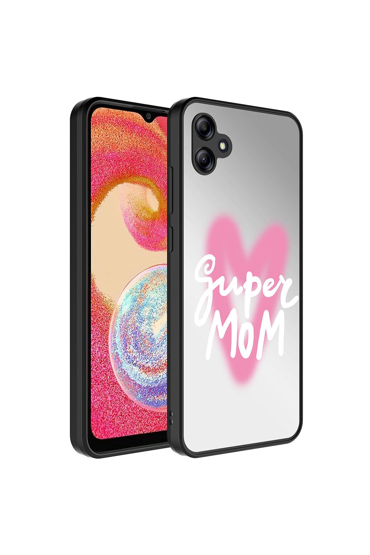 Galaxy A04E Kılıf Aynalı Desenli Kamera Korumalı Parlak BSAY Mirror Kapak - Kalp Süper Anne