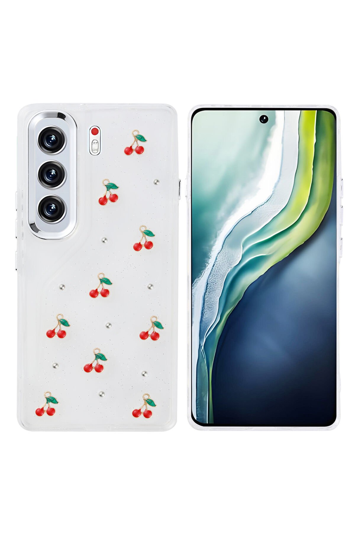 Tecno Camon 40 Pro Kılıf Airbag Tasarımlı Simli Şeffaf BSAY Kutup Kapak - Kiraz