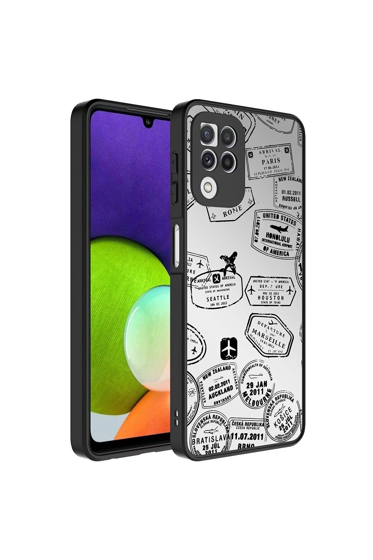 Galaxy A22 4G Kılıf Aynalı Desenli Kamera Korumalı Parlak BSAY Mirror Kapak - Seyahat Yazı