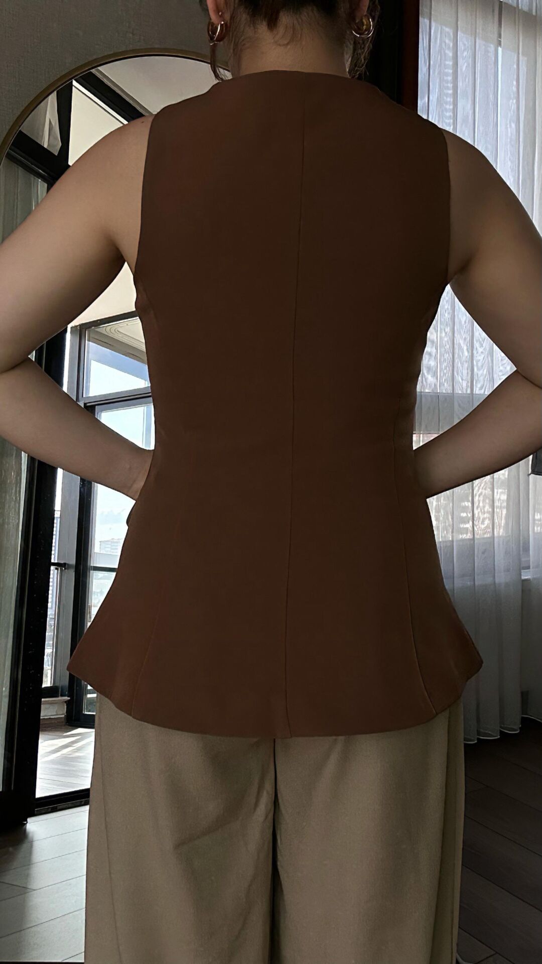 Düğmeli Double Kumaş Yelek Kahverengi - L