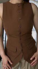 Düğmeli Double Kumaş Yelek Kahverengi - L