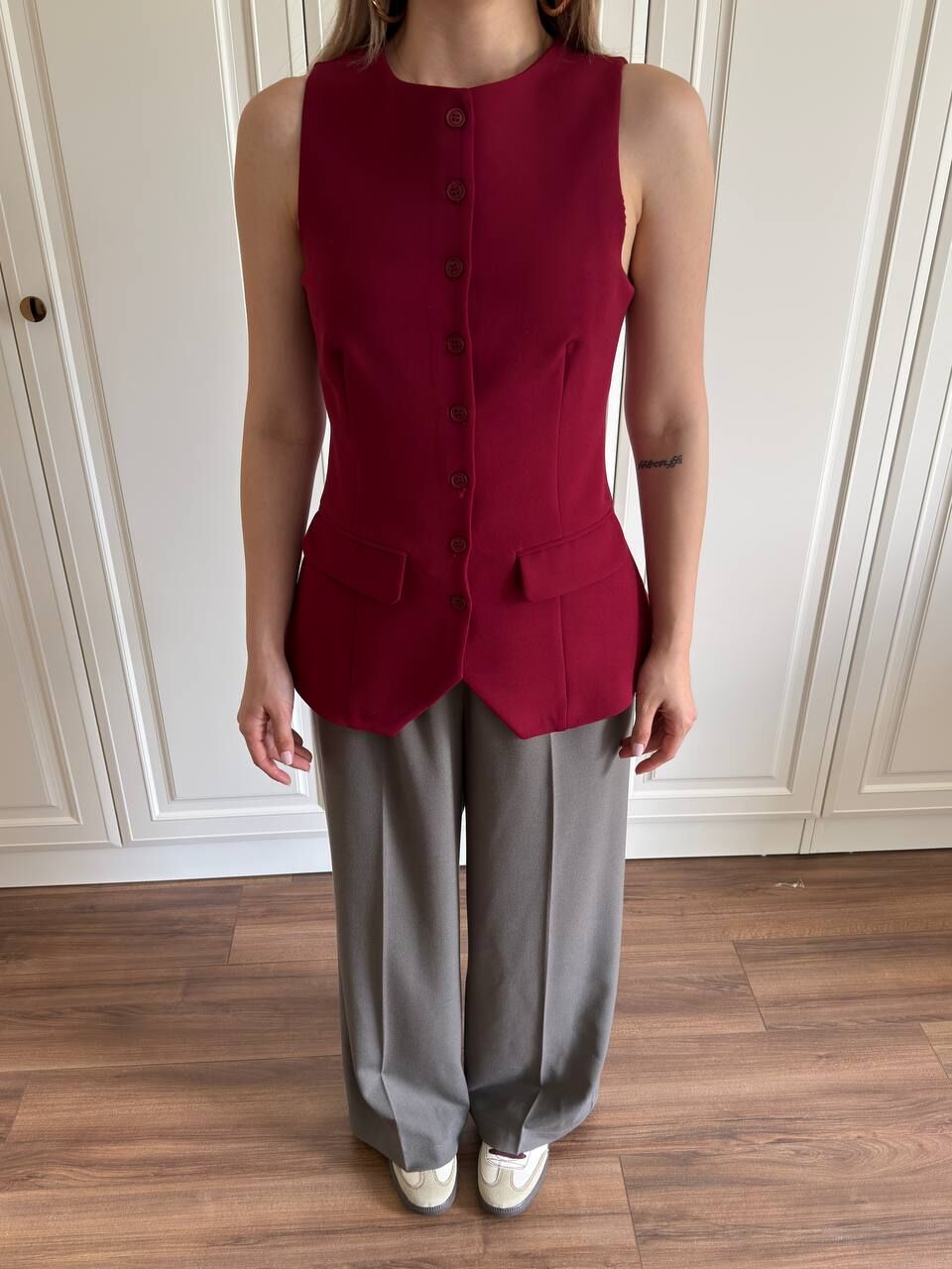 Düğmeli Double Kumaş Yelek Bordo - L