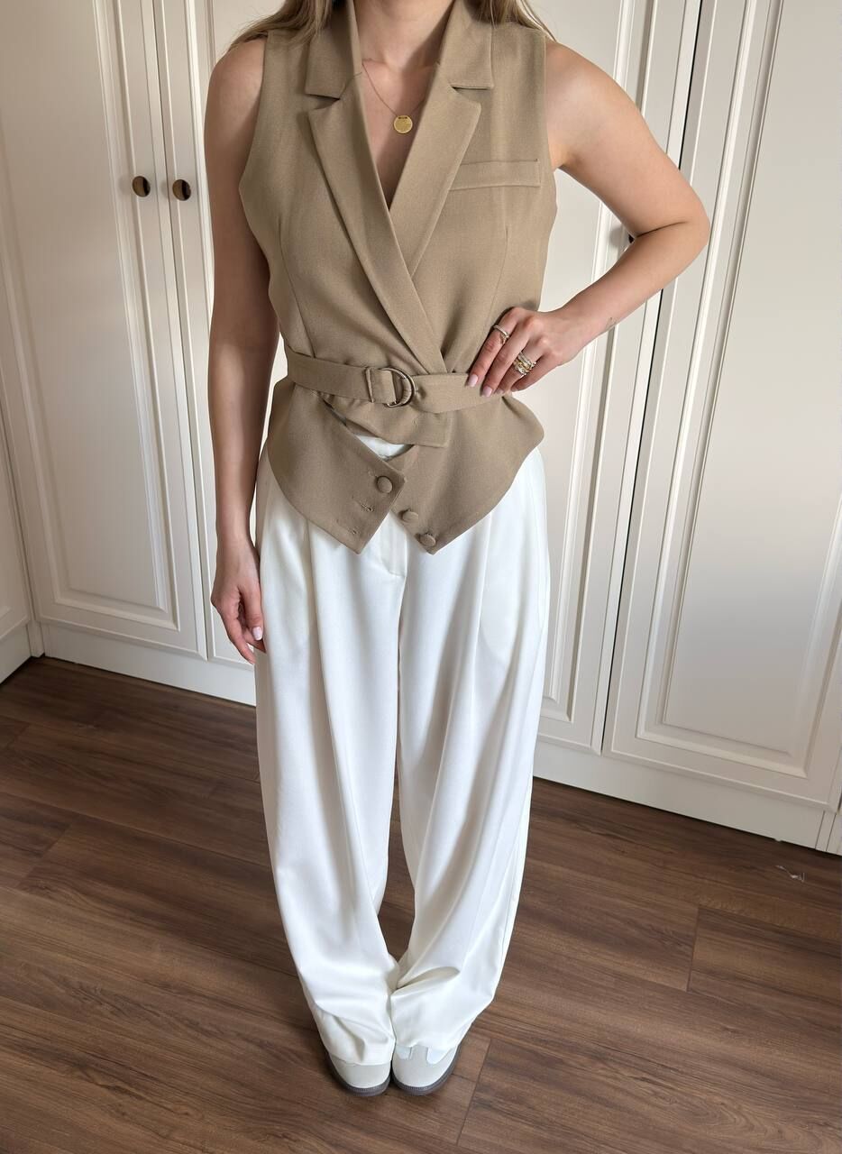 Pamuk Kumaş Kuşaklı Yelek Camel - M