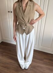 Pamuk Kumaş Kuşaklı Yelek Camel - M