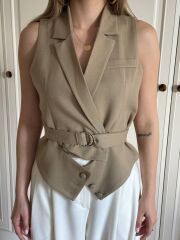 Pamuk Kumaş Kuşaklı Yelek Camel - M