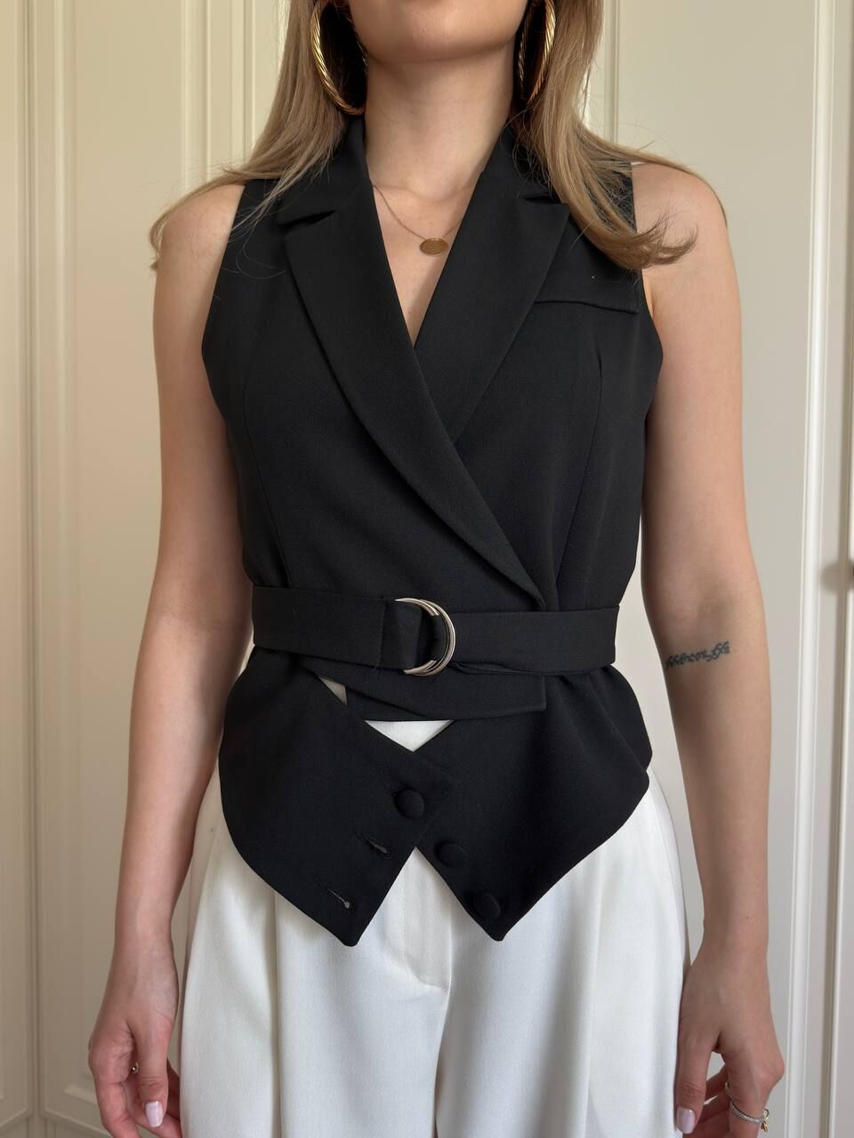 Pamuk Kumaş Kuşaklı Yelek Siyah - L