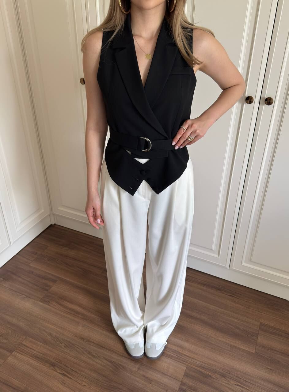 Pamuk Kumaş Kuşaklı Yelek Siyah - L