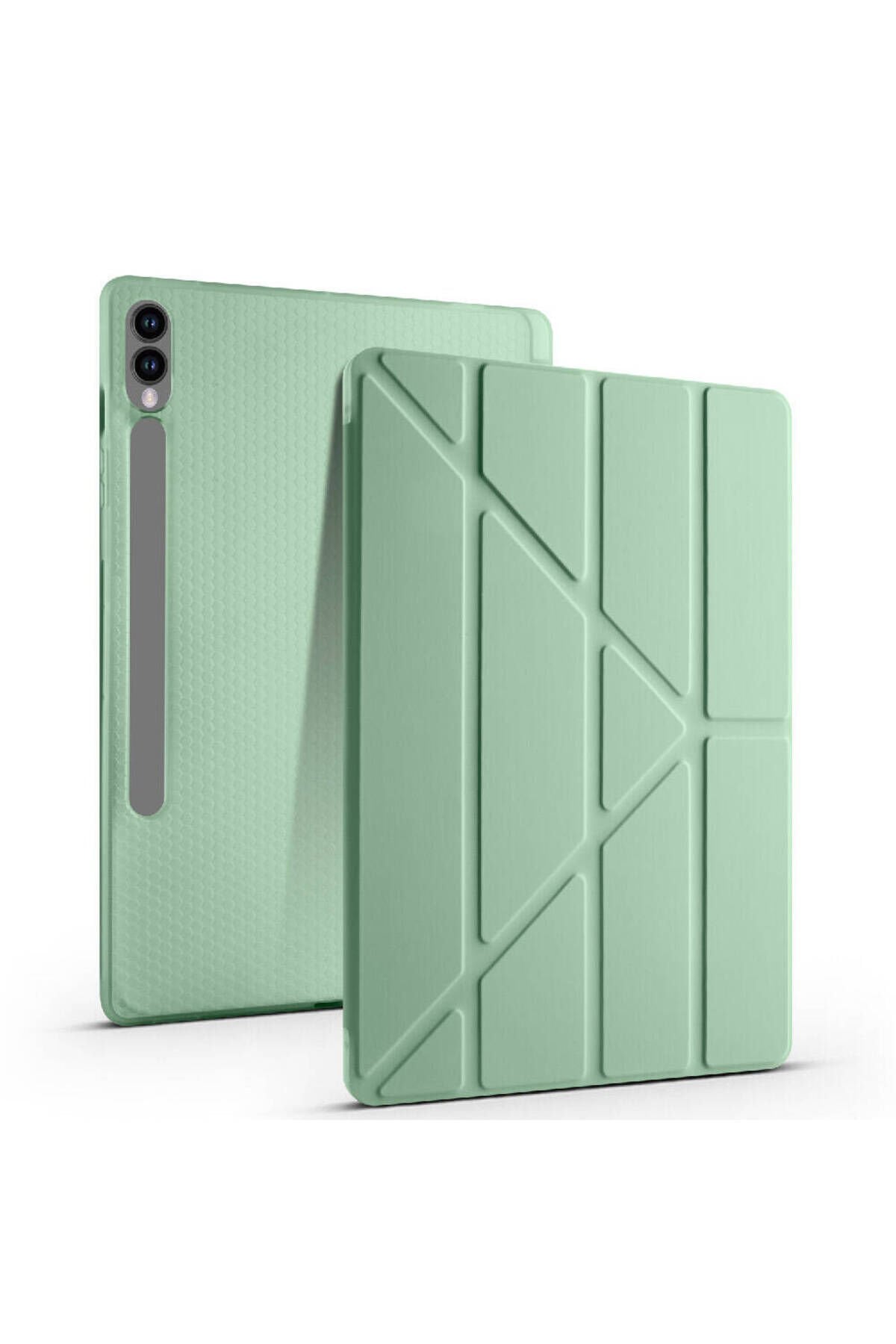 Galaxy Tab S9 Plus Kılıf Uyumlu BSAY Tri Folding Kalem Bölmeli Standlı Kılıf-Gri Koyu Yeşil