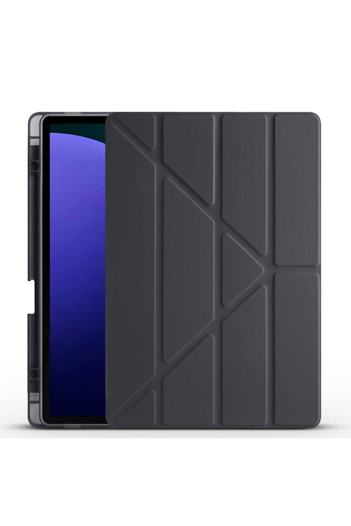 Galaxy Tab S9 Plus Kılıf Uyumlu BSAY Tri Folding Kalem Bölmeli Standlı Kılıf-Gri Siyah