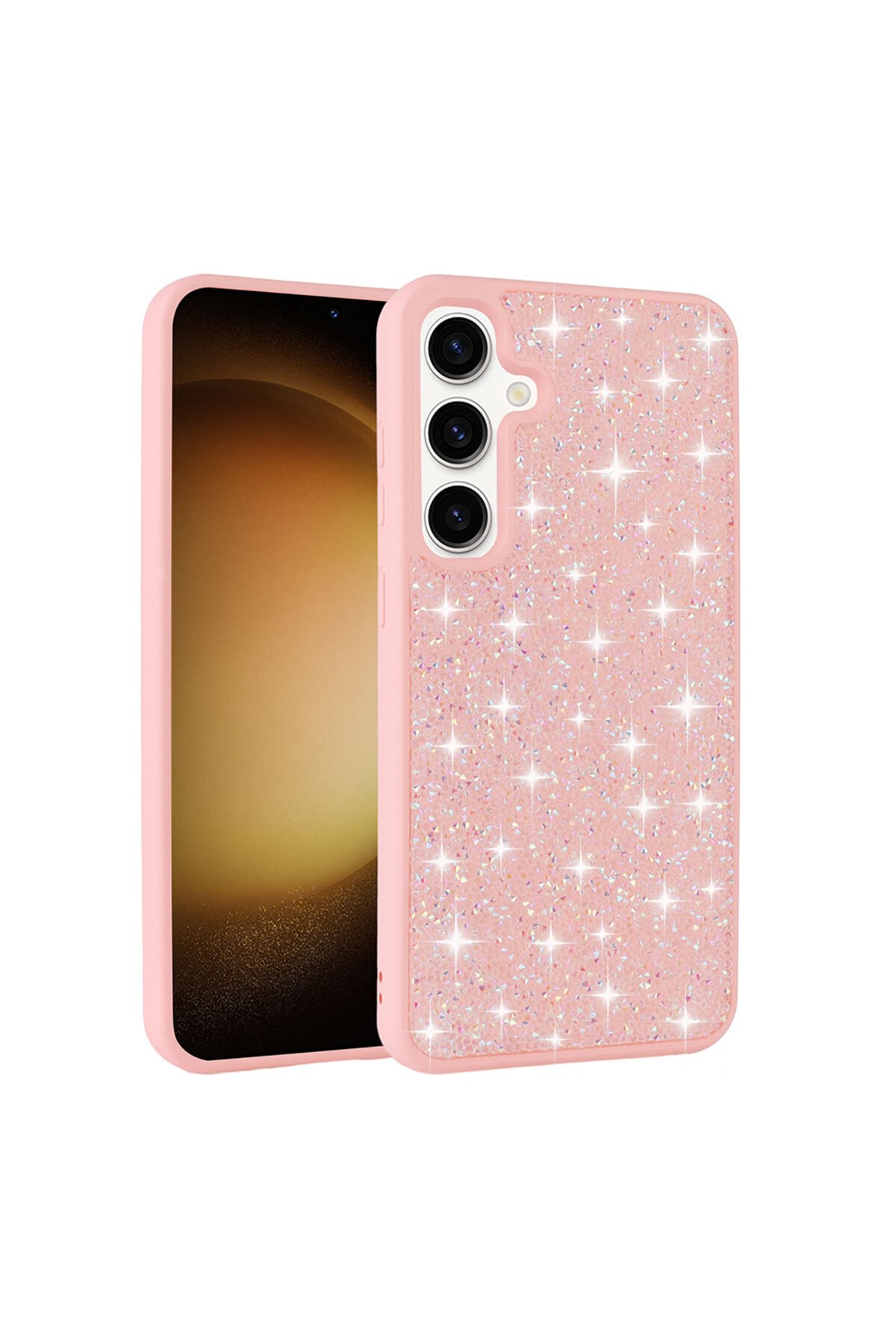 Galaxy A25 Kılıf Parlak Taşlı Tasarım BSAY Pırlanta Kapak - Gold Pembe