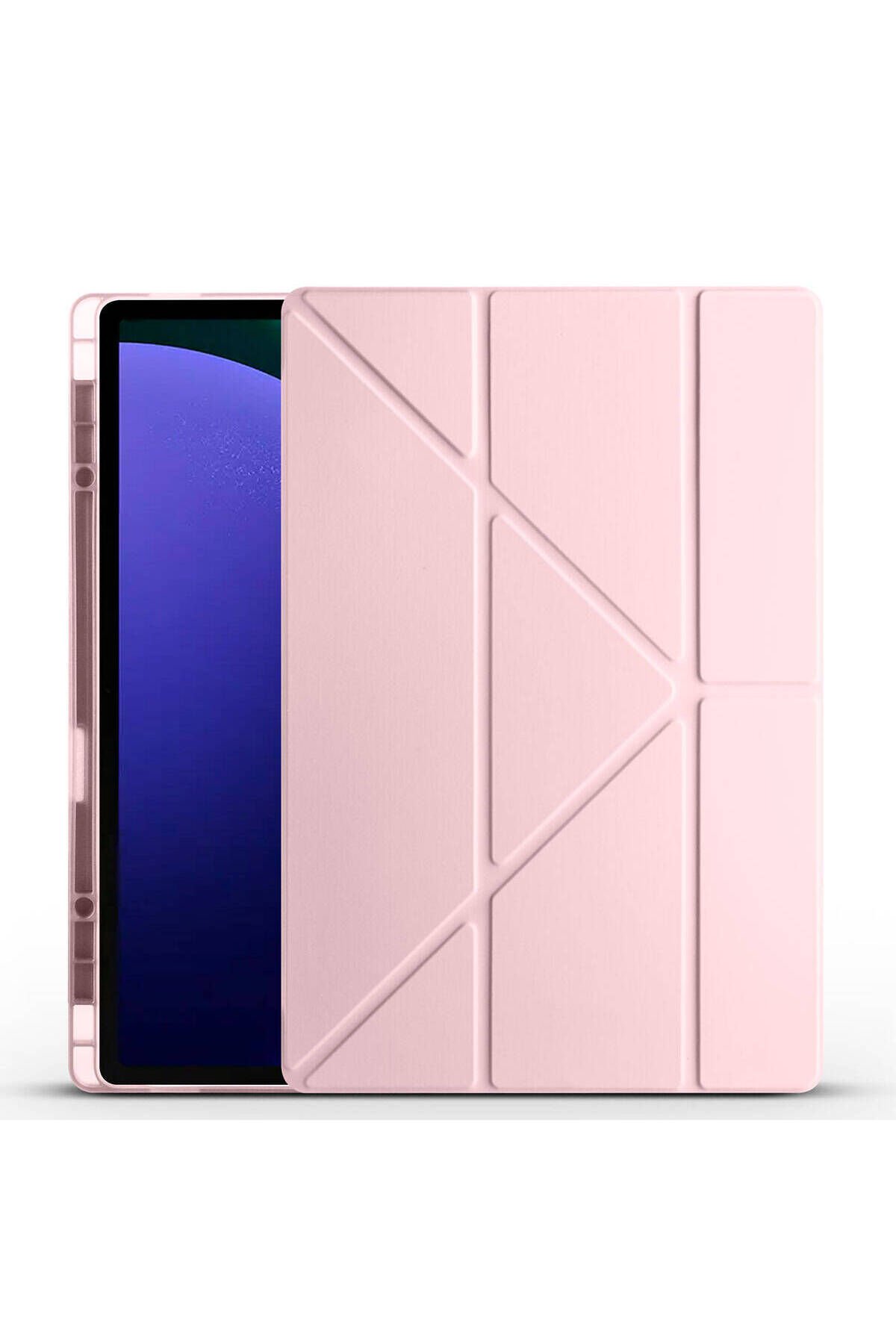 Galaxy Tab S9 Ultra Kılıf Uyumlu BSAY Tri Folding Kalem Bölmeli Standlı Kılıf-Mavi Rose Gold