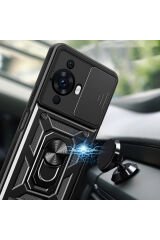 Huawei Nova 12S Uyumlu Kılıf Magnetik Standlı Kamera Korumalı BSAY Sürgülü Vega Kapak-Lacivert Siyah