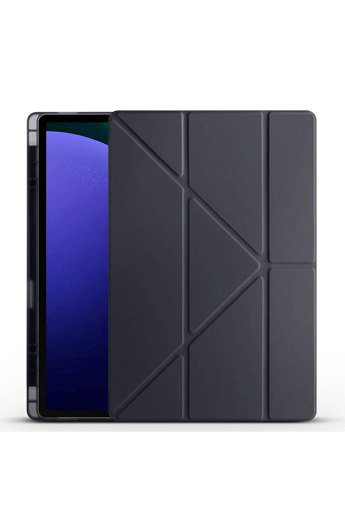 Galaxy Tab S9 Ultra Kılıf Uyumlu BSAY Tri Folding Kalem Bölmeli Standlı Kılıf-Mavi Siyah