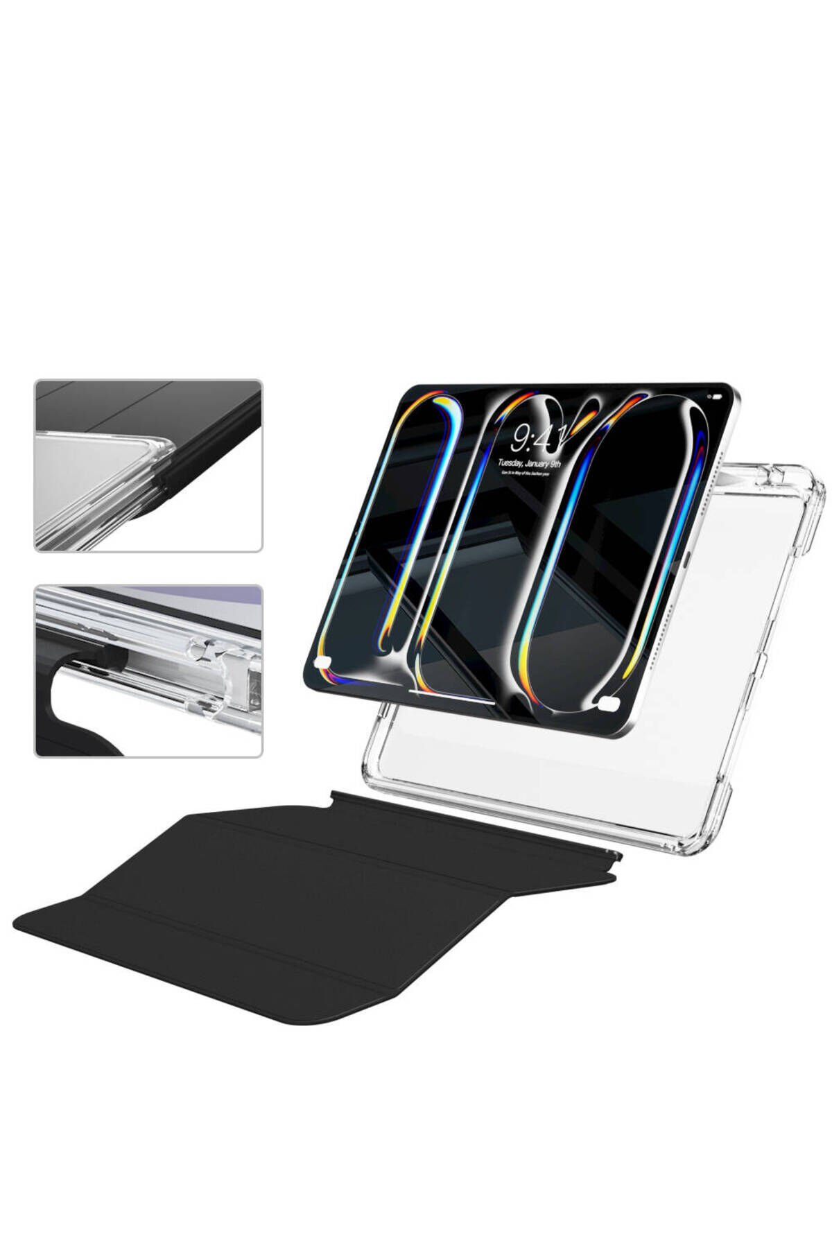 iPad Pro 13 2024 Kılıf Magnetik Ayrılabilen Airbagli Uyumlu BSAY Sliding Tablet Kılıfı-Siyah Siyah