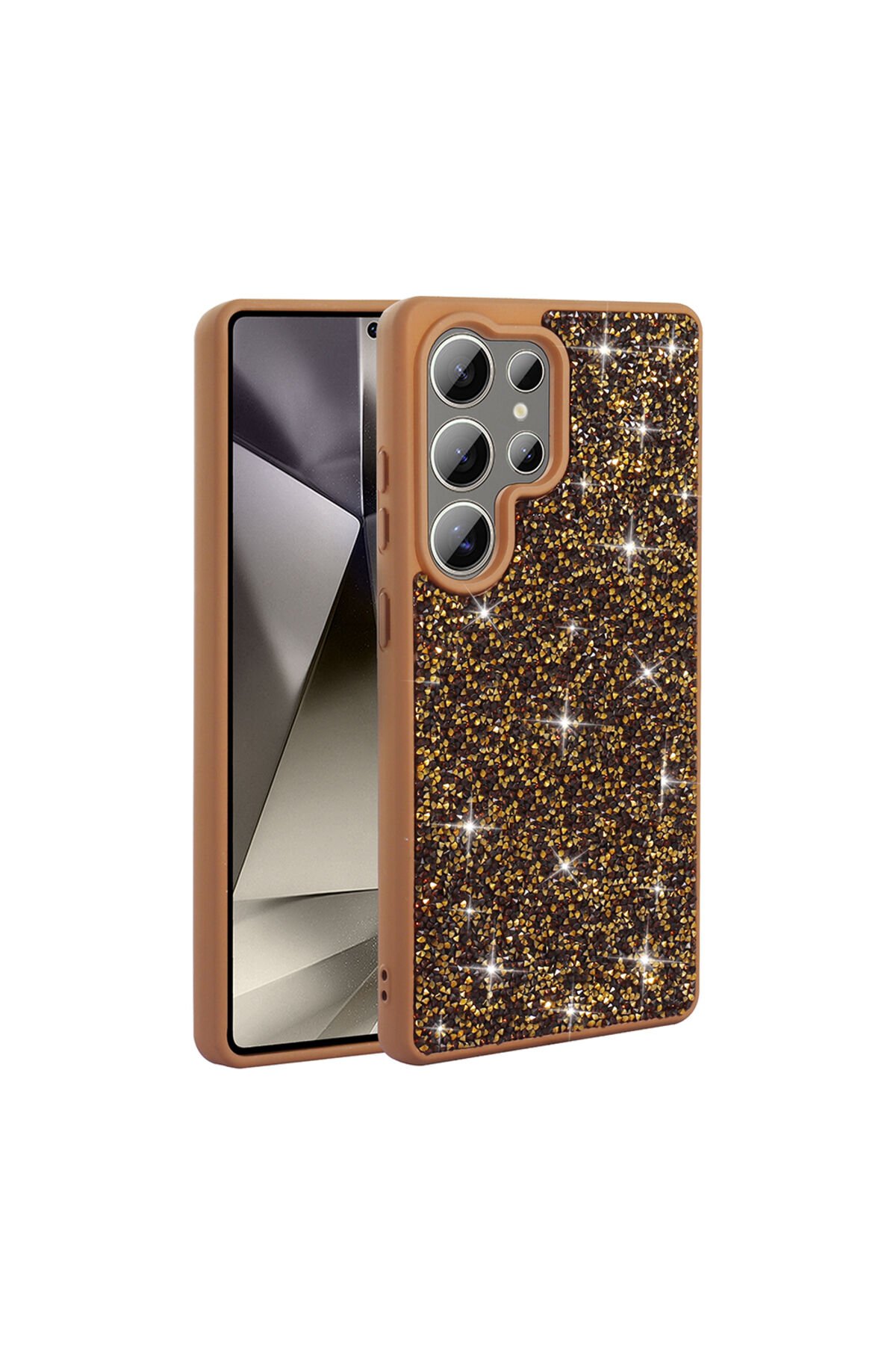 Galaxy S22 Ultra Kılıf Parlak Taşlı Tasarım BSAY Pırlanta Kapak - Gri Gold