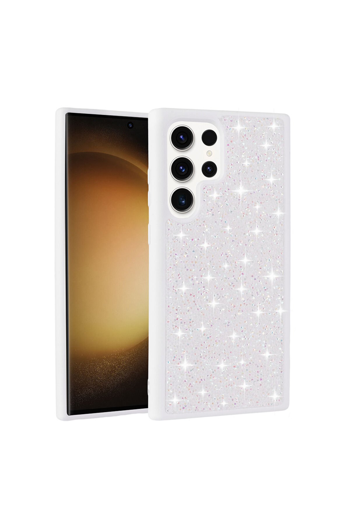 Galaxy S22 Ultra Kılıf Parlak Taşlı Tasarım BSAY Pırlanta Kapak - Gri Beyaz