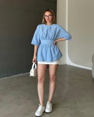 Sırt Dekolteli Poplin Gömlek Buz Mavi - M