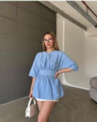 Sırt Dekolteli Poplin Gömlek Buz Mavi - M