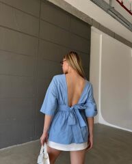 Sırt Dekolteli Poplin Gömlek Buz Mavi - L