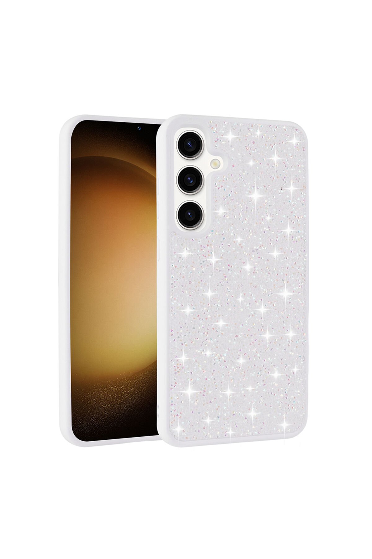 Galaxy S25 Plus Kılıf Parlak Taşlı Tasarım BSAY Pırlanta Kapak - Pembe Beyaz