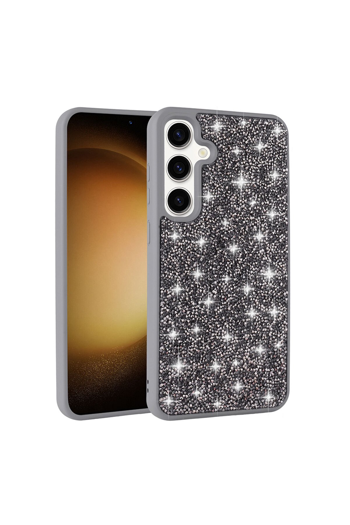 Galaxy S25 Plus Kılıf Parlak Taşlı Tasarım BSAY Pırlanta Kapak - Pembe Gri