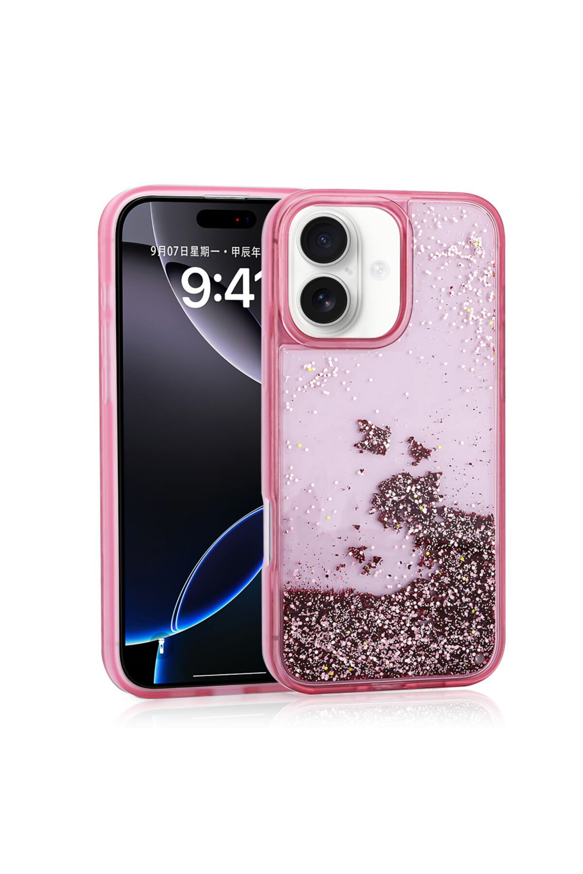 iPhone 16 Kılıf Sıvılı Simli Şeffaf Arka Yüzey BSAY Keto Silikon Kapak - Pembe