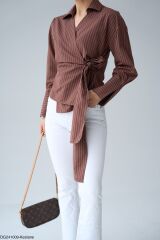 Yandan Bağlamalı Çizgili Gömlek Kahverengi - L