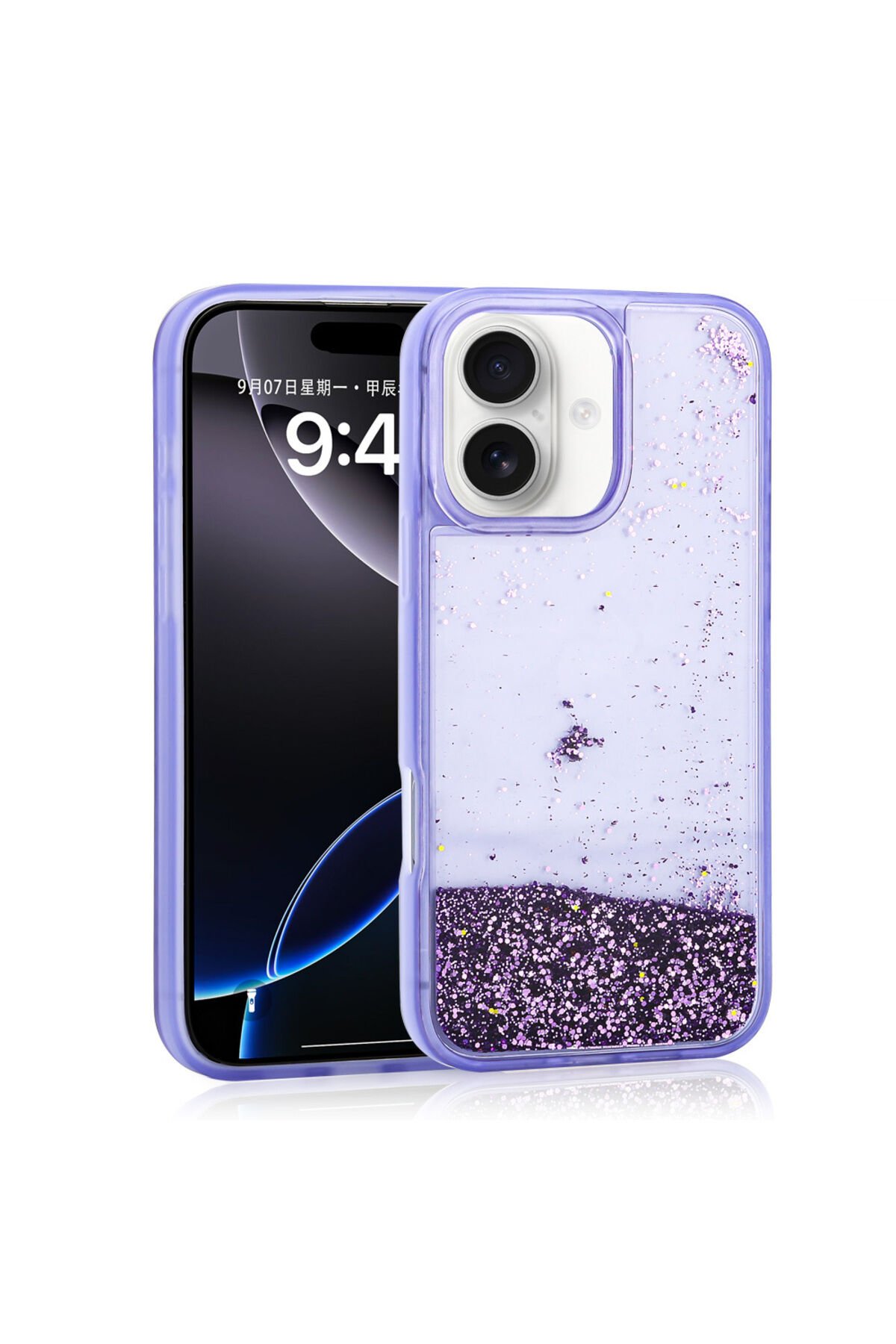 iPhone 16 Kılıf Sıvılı Simli Şeffaf Arka Yüzey TCMK Keto Silikon Kapak - Mor