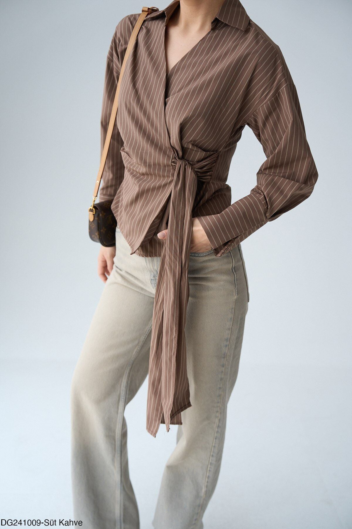 Yandan Bağlamalı Çizgili Gömlek Kestane - M