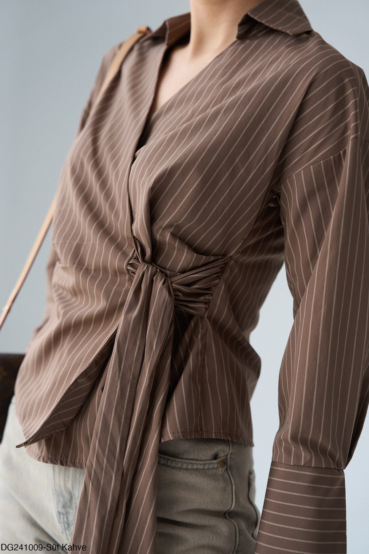 Yandan Bağlamalı Çizgili Gömlek Kestane - M