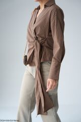 Yandan Bağlamalı Çizgili Gömlek Kestane - M