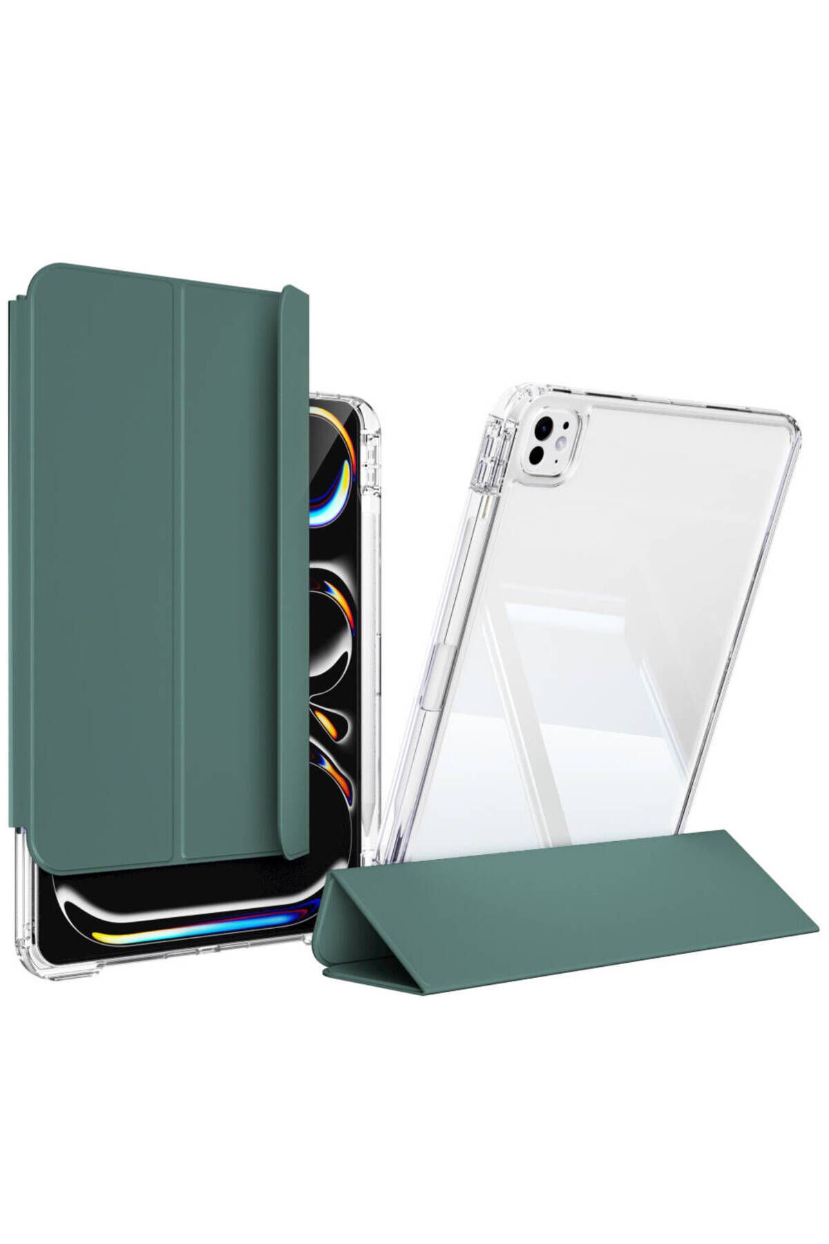 iPad Pro 11 2024 Kılıf Magnetik Ayrılabilen Airbagli BSAY Sliding Tablet Kılıfı - Koyu Yeşil Koyu Yeşil