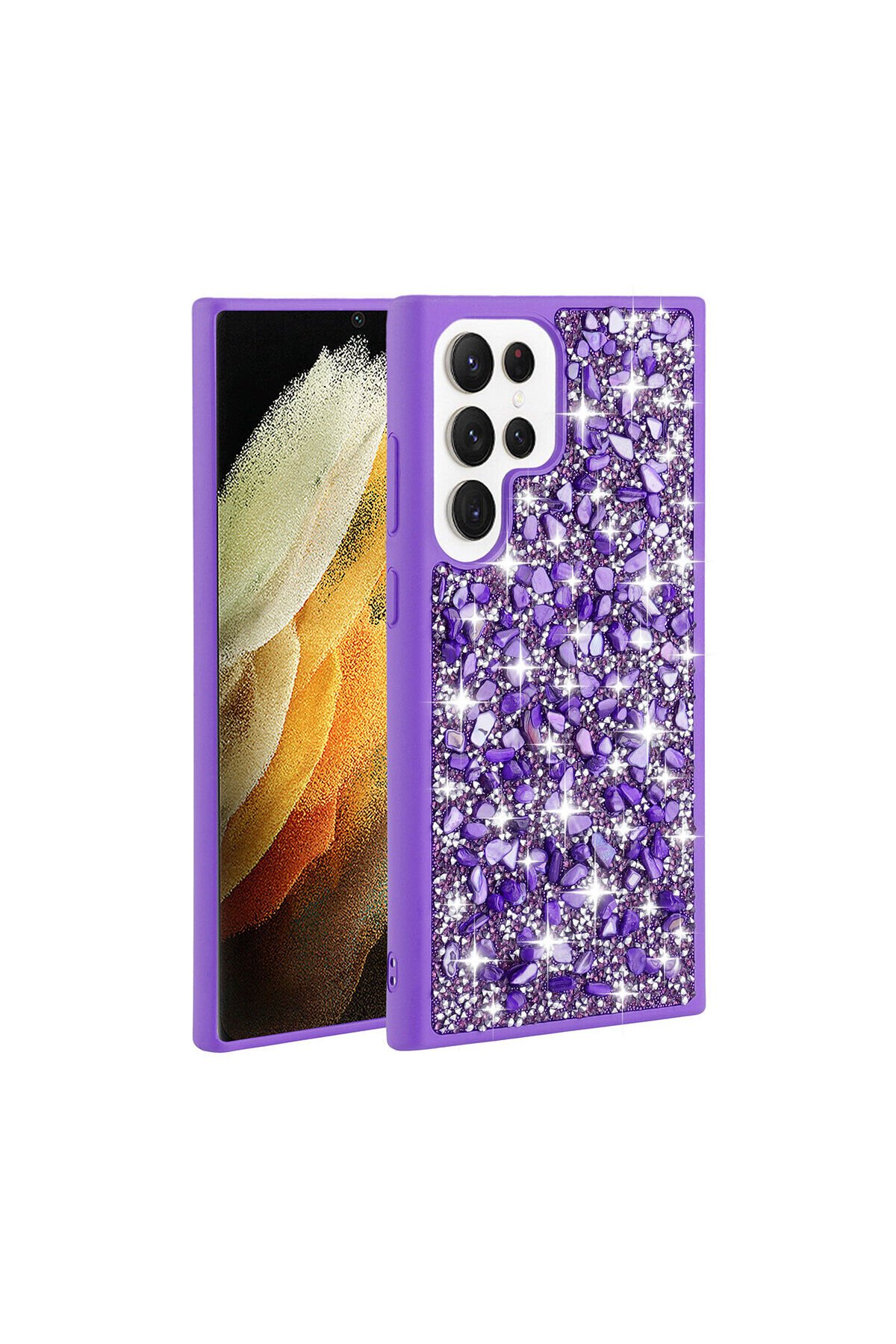 Galaxy S23 Ultra Uyumlu Parlak Taşlı Tasarım BSAY Linea Kılıf-Mor