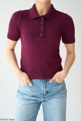 Düğmeli İnce Triko Bluz Bordo - STD