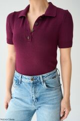 Düğmeli İnce Triko Bluz Bordo - STD