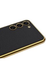 Galaxy S23 Uyumlu Deri Görünümlü Kenarları Elektroplating Kaplama BSAY Fizyon Kılıf-Kırmızı Siyah